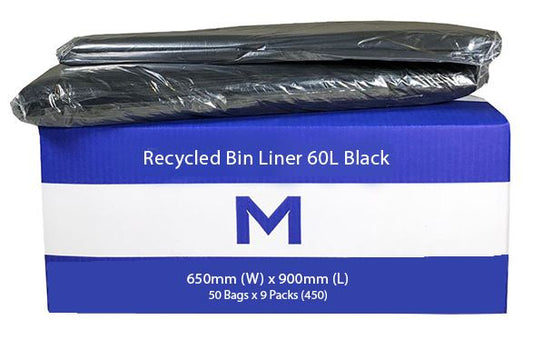 60L Black Recycled Bin Liner – 650mm x 900mm x 30mu