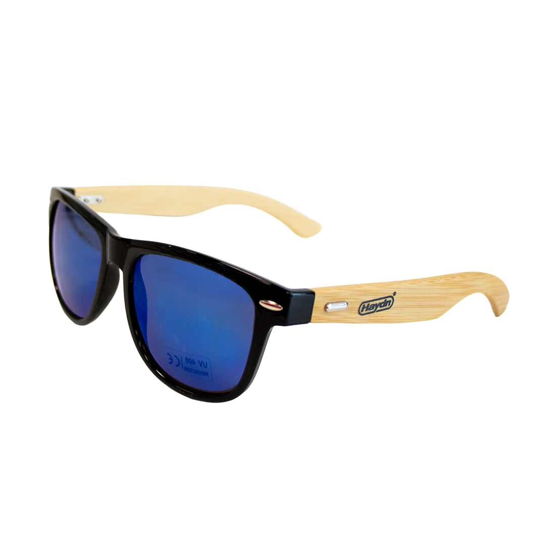 Haydn Black Frame Bamboo Arms Blue Lens Sunglasses