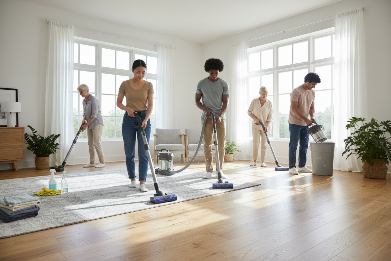 Ctreat that people cleaning with vaccum